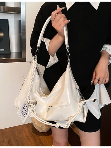 Women Large Capacity PU Leather Tote Bag Braided Handle Retro Hobo Shoulder Bag Commute Solid Color Crossbody Bag