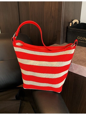 Women Striped Woven Shoulder Bag Large Capacity Knit Hobo Tote Bag With PU Leather Trim Casual Summer Vacation Handbag