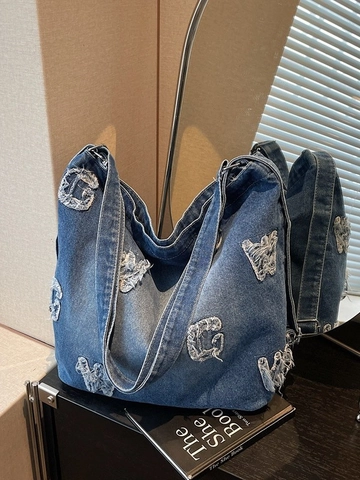 Dames Vintage Denim Schoudertas Grote Capaciteit Crossbody Totetas Verweerde Letter Patchwork Hobo Bag Retro Denim Tas