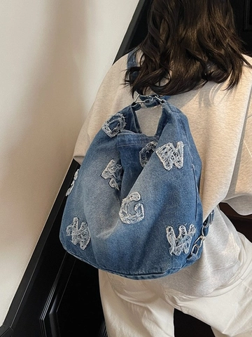 Dames Vintage Denim Schoudertas Grote Capaciteit Crossbody Totetas Verweerde Letter Patchwork Hobo Bag Retro Denim Tas