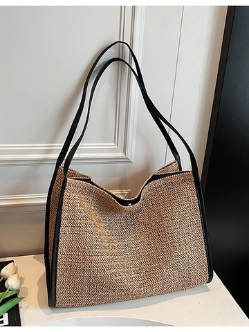 Sac Fourre-tout en Paille Tissé Vintage Français pour Femmes Grande Capacité Motif Chevrons Sac de Plage Bordure Cuir Khaki