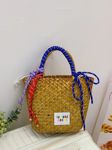 Borsa a Secchiello in Paglia Intrecciata a Mano Donna Manico in Corda Colorata Estate Spiaggia Vacanza Coulisse Interna