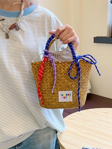 Borsa a Secchiello in Paglia Intrecciata a Mano Donna Manico in Corda Colorata Estate Spiaggia Vacanza Coulisse Interna