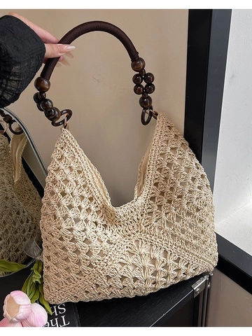 Sac à Épaule en Paille Tressée Grande Capacité pour Femme Crochet Fait à la Main Hobo Avec Bandoulière en Perles de Bois