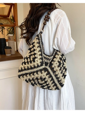 Sac à Épaule en Paille Tressée Grande Capacité pour Femme Crochet Fait à la Main Hobo Avec Bandoulière en Perles de Bois