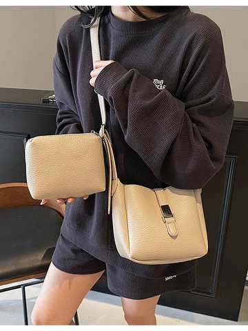 Sac Seau Minimaliste en Cuir PU Motif Litchi pour Femmes Sac à Bandoulière Tendance avec Boucle en Métal et Courroie Ajustable