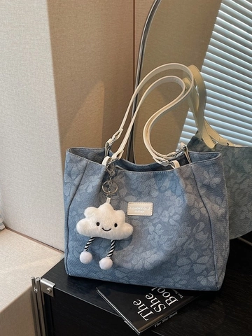 Fashion PU Leather Tote Bag For Women Retro Floral Print Large Capacity Shoulder Bag With Cloud Pendant For Daily Commute
