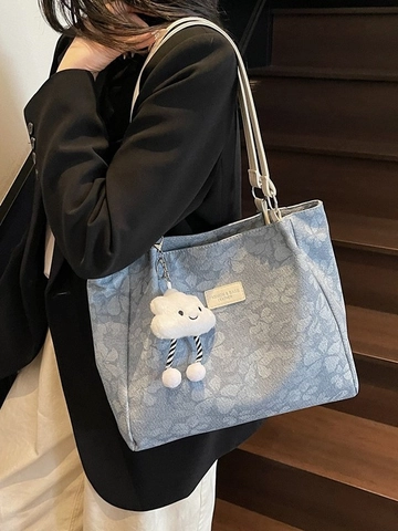 Fashion PU Leather Tote Bag For Women Retro Floral Print Large Capacity Shoulder Bag With Cloud Pendant For Daily Commute