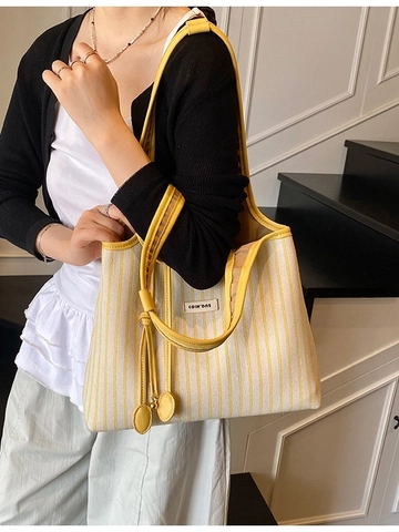 Women Large Capacity Striped Canvas Tote Bag Contrast Color PU Leather Trim Shoulder Bag Vintage Casual Handbag For Daily Commute
