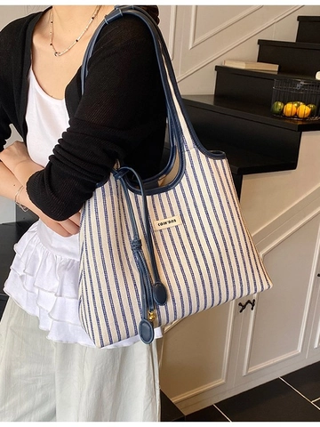 Women Large Capacity Striped Canvas Tote Bag Contrast Color PU Leather Trim Shoulder Bag Vintage Casual Handbag For Daily Commute