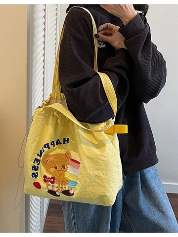 Women Large Capacity Drawstring Tote Bag Cartoon Bear Embroidered Canvas Shoulder Bag Casual College Style Daily Handbag