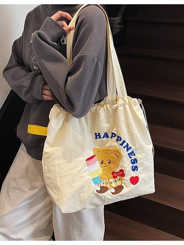 Women Large Capacity Drawstring Tote Bag Cartoon Bear Embroidered Canvas Shoulder Bag Casual College Style Daily Handbag