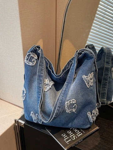 Borsa a Spalla in Denim Lavato Vintage Grande Capacità Donna Patchwork Alfabeto Bordi Sfilacciati Hobo Tote Streetwear Casual Borsa