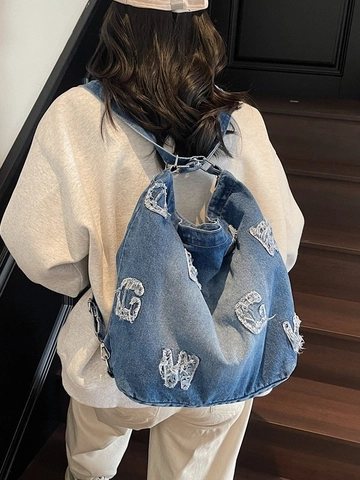 Borsa a Spalla in Denim Lavato Vintage Grande Capacità Donna Patchwork Alfabeto Bordi Sfilacciati Hobo Tote Streetwear Casual Borsa