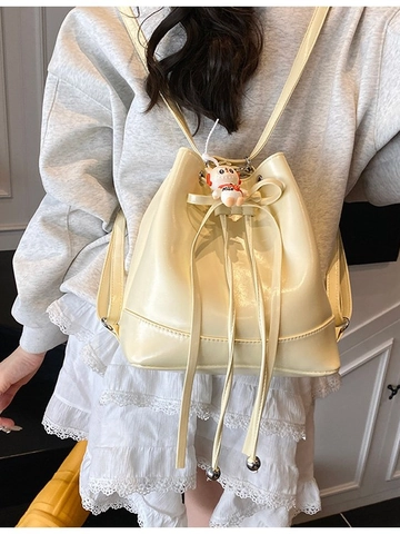 Zaino da Donna alla Moda in Pelle PU con Fiocco e Coulisse Lucida Borsa a Tracolla Casual da Viaggio con Ciondolo a Coniglietto