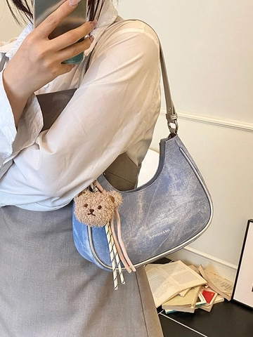 French Vintage PU Leather Half Moon Underarm Bag For Women With Bear Charm Chic Hobo Shoulder Crossbody Bag Minimalist Purse