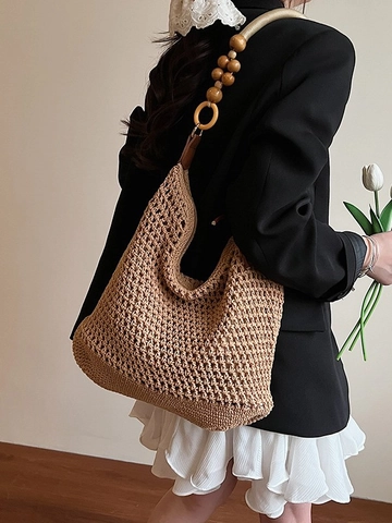 Knitted Woven Tote Bag For Women With Wood Beads Bohemian Hollow Out Large Capacity Shoulder Bag Beach Vacation Handbag
