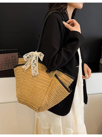 Women Woven Straw Tote Bag With Lace Bowknot Decor Large Capacity Beach Shoulder Bag Summer Vacation Casual Straw Handbag