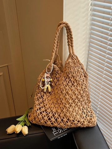 Handmade Hollow Woven Tote Bag Rope Weaving Macrame Shoulder Bag With Pendant Boho Casual Beach Vacation Bag For Women
