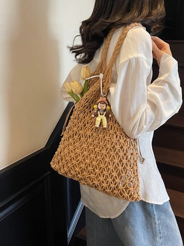 Handmade Hollow Woven Tote Bag Rope Weaving Macrame Shoulder Bag With Pendant Boho Casual Beach Vacation Bag For Women