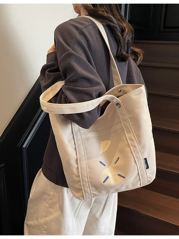 Large Capacity Canvas Tote Bag For Women Casual Minimalist Shoulder Bag With Stitching Letter Decoration College Shopping Bag
