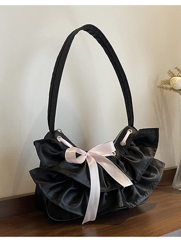 Women Satin Ruffle Shoulder Bag Sweet Bow Decoration Pleated Underarm Bag Balletcore Style Elegant Fashion Handbag