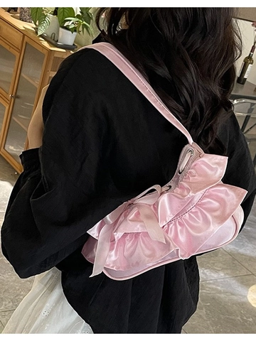 Women Satin Ruffle Shoulder Bag Sweet Bow Decoration Pleated Underarm Bag Balletcore Style Elegant Fashion Handbag