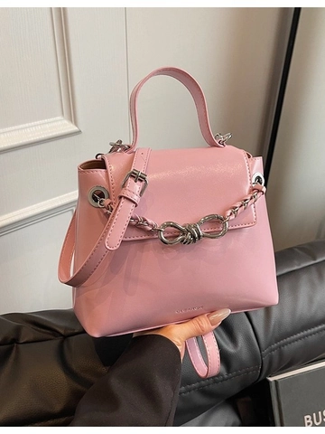 Women's PU Leather Shoulder Bag With Metallic Chain Bowknot Buckle Minimalist Small Square Crossbody Bag For Casual Commute