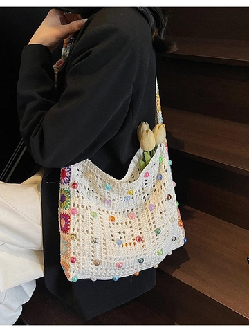 Handmade Crochet Tote Bag For Women Bohemian Artificial Pearl Large Capacity Woven Shoulder Bag With Floral Strap Retro Casual Beach Handbag