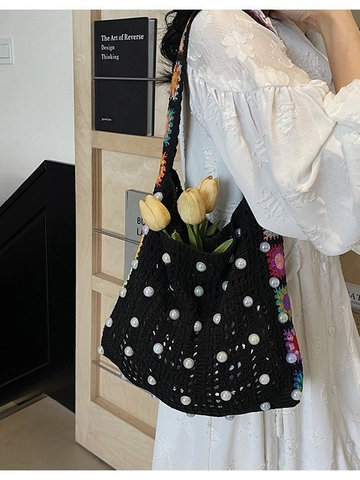 Handmade Crochet Tote Bag For Women Bohemian Artificial Pearl Large Capacity Woven Shoulder Bag With Floral Strap Retro Casual Beach Handbag