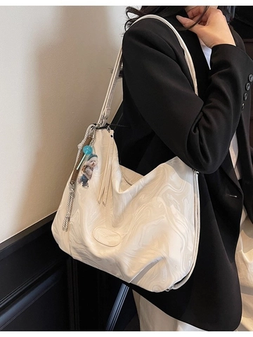 Women Large Capacity Marble Texture PU Leather Tote Bag Fashion Shoulder Bag Casual Hobo Handbag With Bear Charm Daily Use