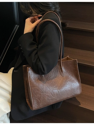 Vintage Women PU Leather Tote Bag Large Capacity Crinkle Texture Shoulder Bag Retro Versatile Commuter Handbag Solid Color