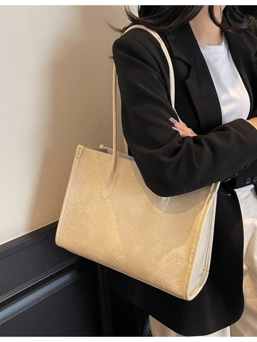 Vintage Women PU Leather Tote Bag Large Capacity Crinkle Texture Shoulder Bag Retro Versatile Commuter Handbag Solid Color