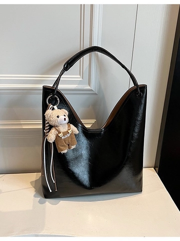 Women Vintage Glossy PU Leather Hobo Shoulder Bag Large Capacity Solid Color Tote Bag With Plush Bear Pendant Casual Handbag