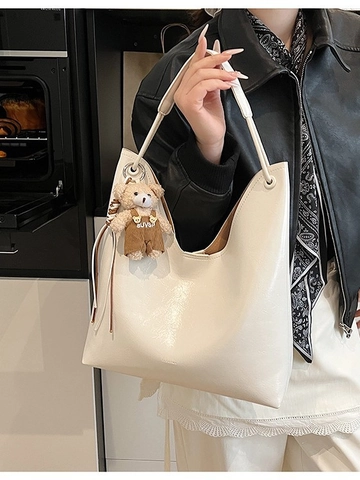Women Vintage Glossy PU Leather Hobo Shoulder Bag Large Capacity Solid Color Tote Bag With Plush Bear Pendant Casual Handbag