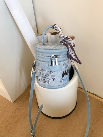 Fashion Composite Leather Cylinder Bucket Bag Street Graffiti Cartoon Bear Print Shoulder Crossbody Bag With Scarf For Women