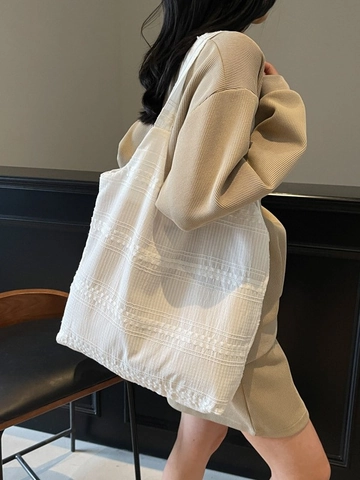 Women Casual Canvas Tote Bag Large Capacity Gingham Checkered Shoulder Bag With Embroidery Detail Korean Style Shopping Bag