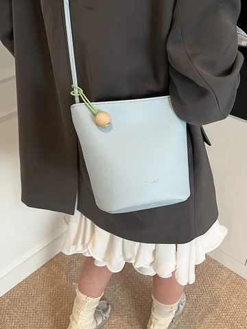 Vintage PU Leather Bucket Bag For Women Retro Lychee Texture Crossbody Bag Minimalist Shoulder Bag With Wood Bead Decor
