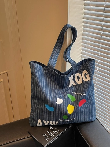 Γυναικεία Τσάντα Tote Denim Μεγάλης Χωρητικότητας Καθημερινή Ριγέ Με Τυπωμένα Γράμματα Τσάντα Ώμου για Μετακίνηση Μόδα