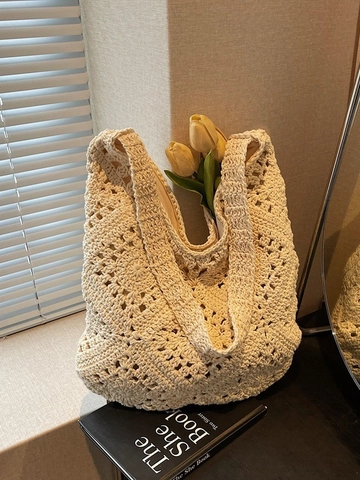 Handmade Thick Thread Weaving Polyester Crochet Shoulder Bag Hollow Floral Large Capacity Summer Beach Vacation Tote