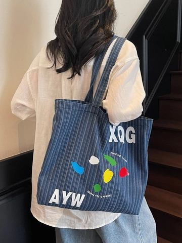 Γυναικεία Τσάντα Tote Denim Μεγάλης Χωρητικότητας Καθημερινή Ριγέ Με Τυπωμένα Γράμματα Τσάντα Ώμου για Μετακίνηση Μόδα