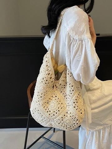 Handmade Thick Thread Weaving Polyester Crochet Shoulder Bag Hollow Floral Large Capacity Summer Beach Vacation Tote