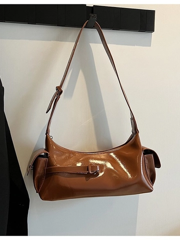 Trendy Korean Glossy PU Leather Underarm Bag For Women Vintage Style Large Capacity Shoulder Bag With Side Pockets Fashionable Boston Handbag