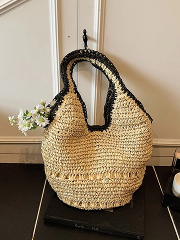 Women Hand-Woven Straw Shoulder Bag Large Capacity Summer Beach Vacation Tote With Contrast Trim Bohemian Style Underarm Bag