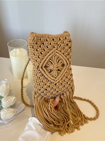 Handmade Woven Tassel Bucket Crossbody Phone Bag For Women Bohemian Knitted Hollow Out Small Shoulder Bag Beach Vacation Top