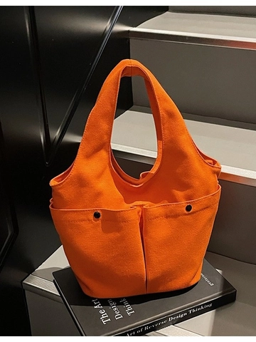 Large Capacity Canvas Shoulder Bag For Women Pleated Double Pocket Tote Bag Casual Commuting Handbag Solid Color Stitched