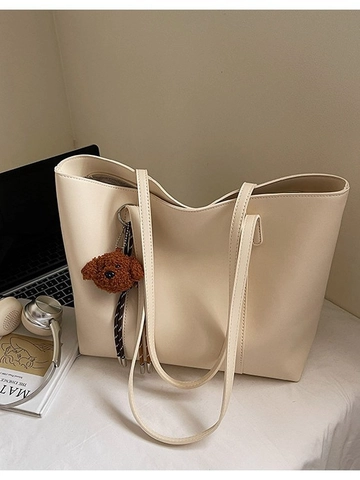 Women Vintage PU Leather Large Capacity Tote Bag High Quality Shoulder Bag With Bear Pendant For Daily Commuting Office University