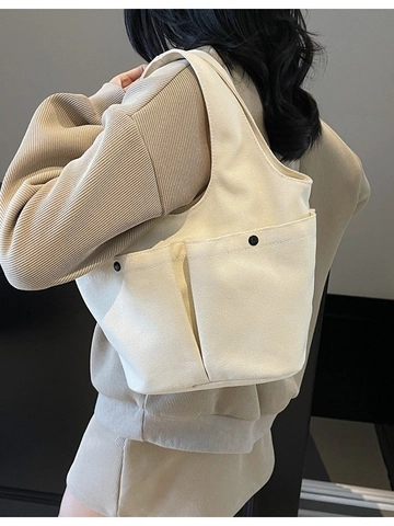 Large Capacity Canvas Shoulder Bag For Women Pleated Double Pocket Tote Bag Casual Commuting Handbag Solid Color Stitched