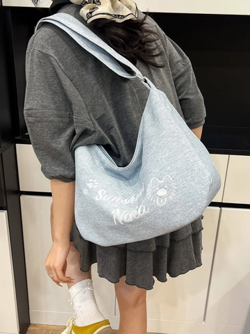 Damen Casual PU Leder Tote Tasche Große Kapazität Umhängetasche Hobo Tasche Mit Sunshine Nika Stickerei Mode Täglich Handtasche