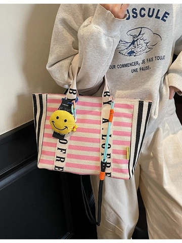 Large Striped Canvas Tote Bag Women Casual Korean Style Shoulder Bag With Letter Webbing Fashion Daily Travel Handbag
